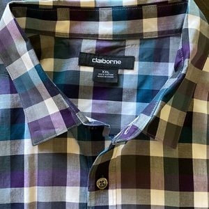 🔥2 for $15🔥 Claiborne Short Sleeve Shirt   Cotton    Teal/Purple Plaid     XXL